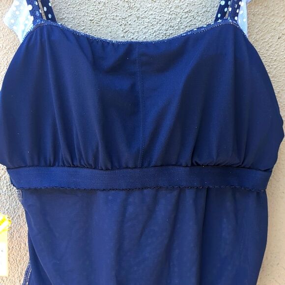 Kona Sol 1 Piece Swim 17 Dot Ruffle Shoulder One Piece Slim Swimsuit Navy Blue - Picture 11 of 14